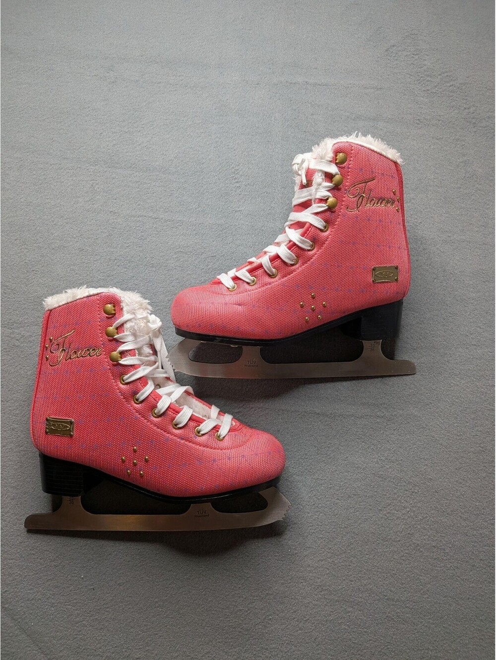 Flacier Figure Skates Junior Size 5 Pink Faux Fur Lined Lace Up Ice Skates